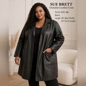Sue Brett Genuine Leather Coat Women Black Mid Length Classic Jacket Size 24